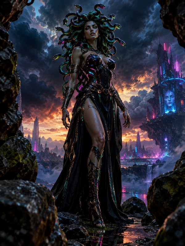 Cyberpunk Medusa with iridescent snake hair stands on rocky ground overlooking a neon fantasy cit...