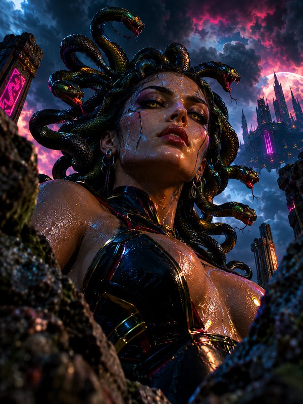 Intense gorgon Medusa with coiling snake hair framed by stone ruins under a dramatic neon storm sky