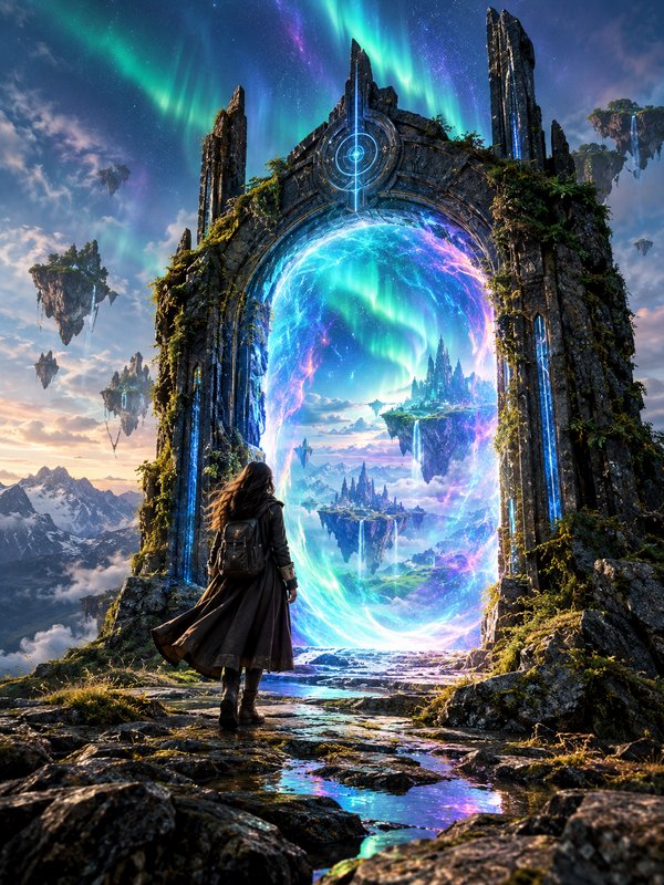 Lone robed wanderer approaches a glowing arcane stone portal leading to a floating island fantasy...