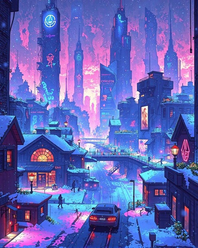 Pastel neon cyberpunk city street covered in falling snow at glowing purple and pink twilight