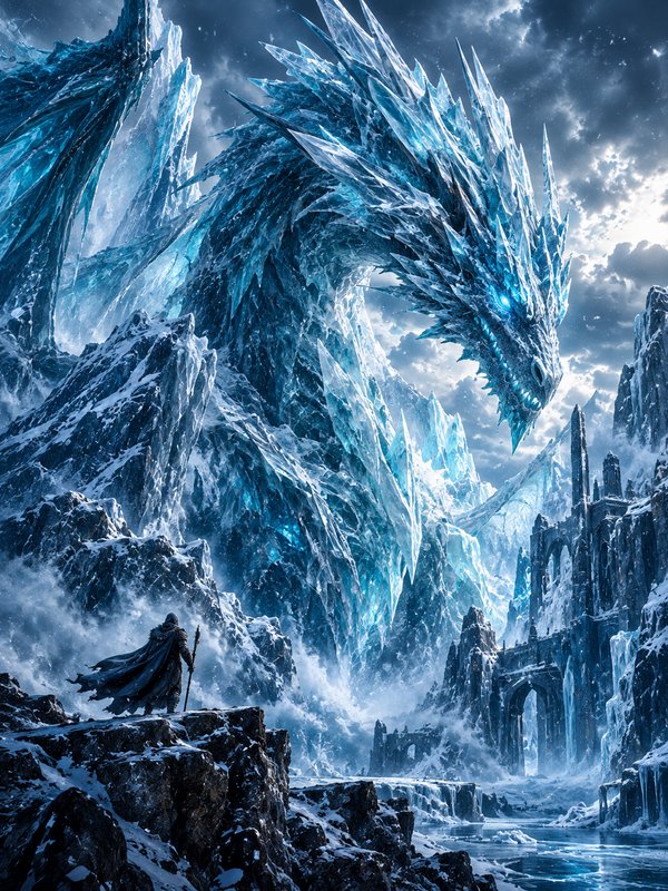 Cloaked warrior stands on a cliff facing a giant glowing ice dragon above frozen castle ruins