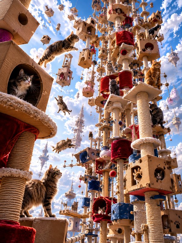 Surreal giant stacked cat tree tower with cats perched and leaping against a bright cloudy blue sky