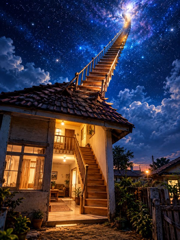 Surreal scene of a wooden staircase extending from a cozy cottage roof up into a glowing starry m...