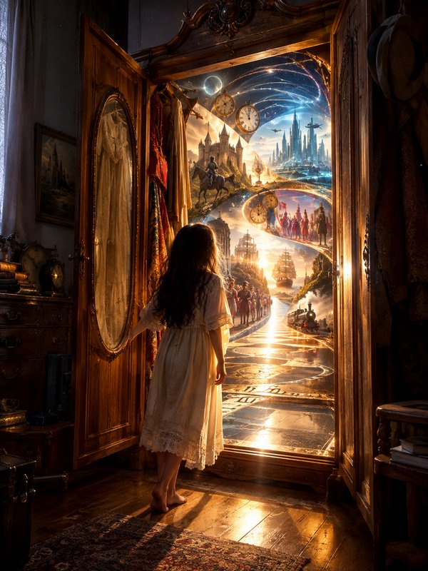 Barefoot young girl stands before a glowing time portal inside an open antique wooden wardrobe