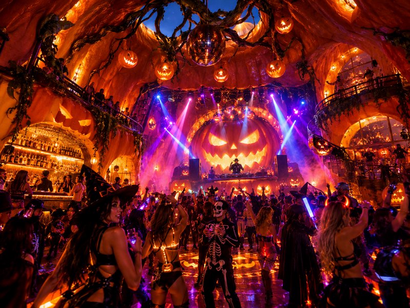 Crowded Halloween nightclub party with giant jack-o'-lantern stage, costumed guests, and glowing ...