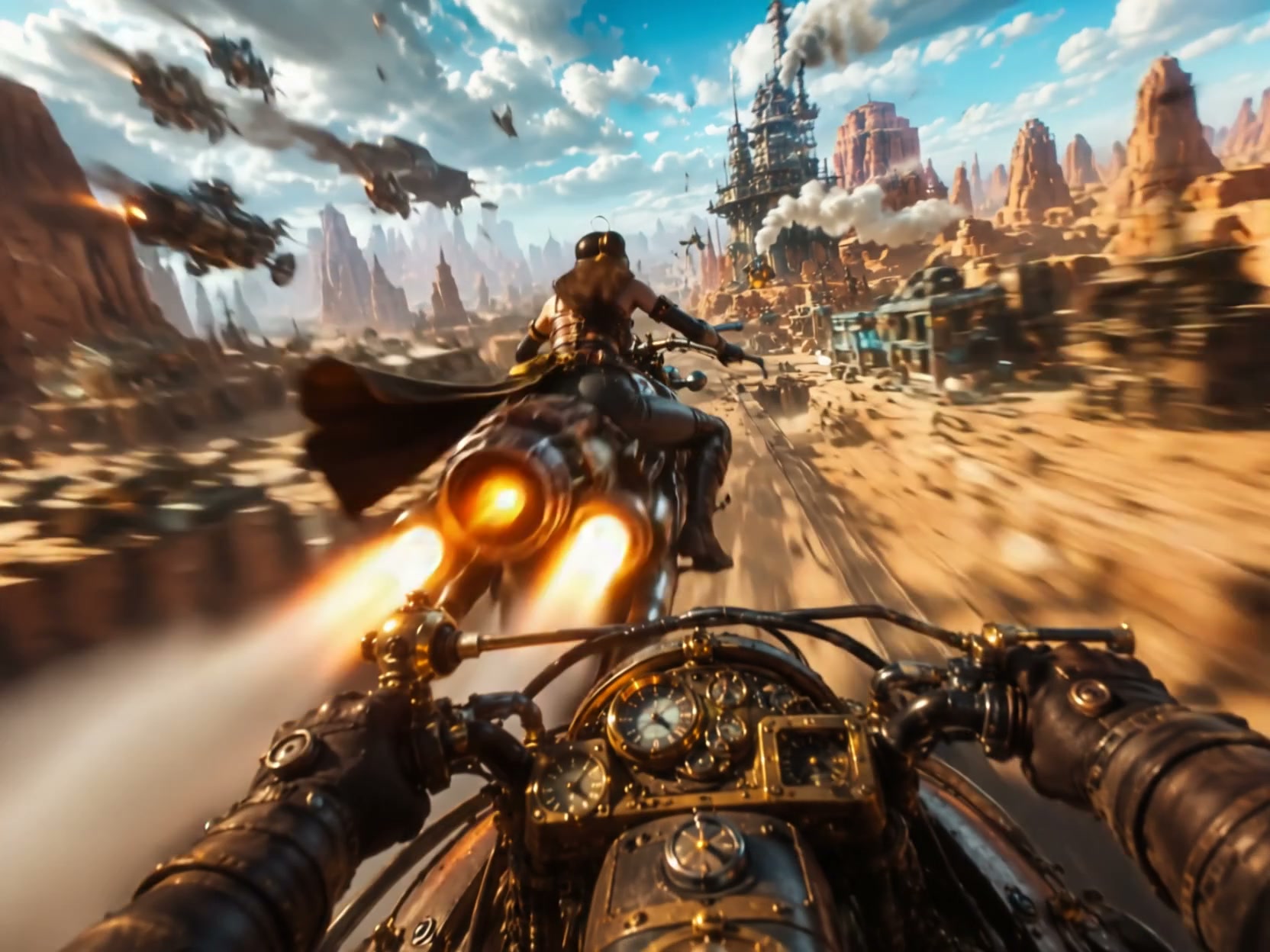 First-person view of high-speed steampunk rocket motorcycle chase across sunlit desert badlands w...
