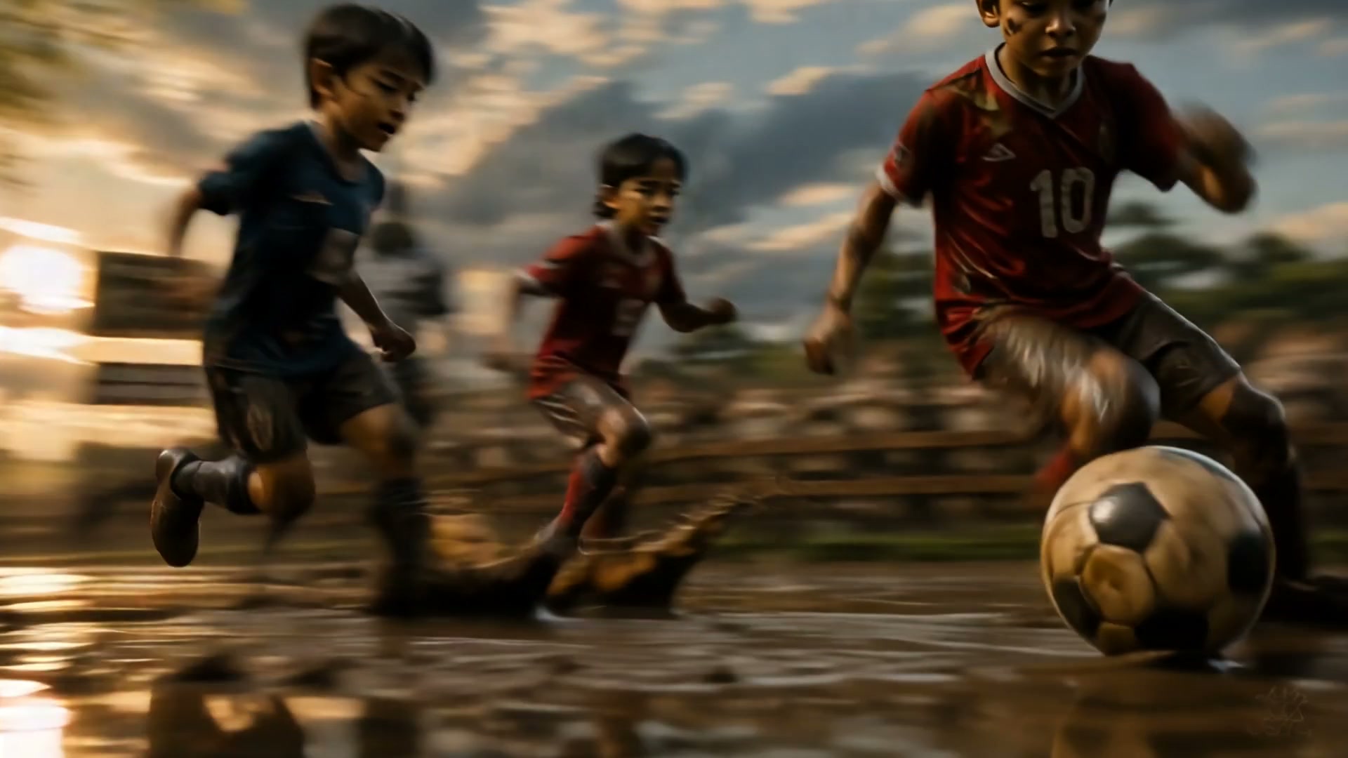 Young boys play soccer on a muddy flooded field at golden sunset, motion blur captures dynamic ru...