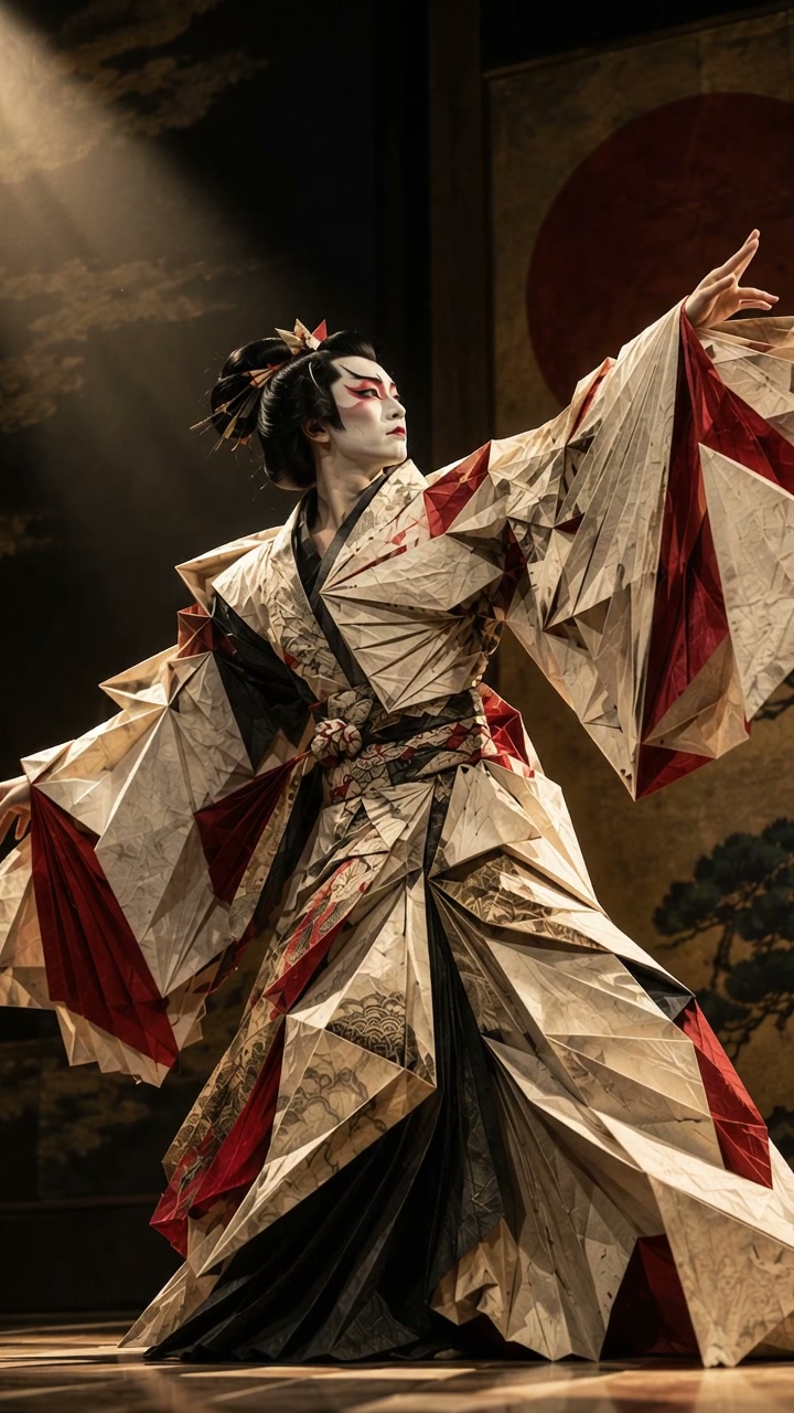 Kabuki performer in a geometric origami-style kimono strikes a graceful dance pose on a lit stage