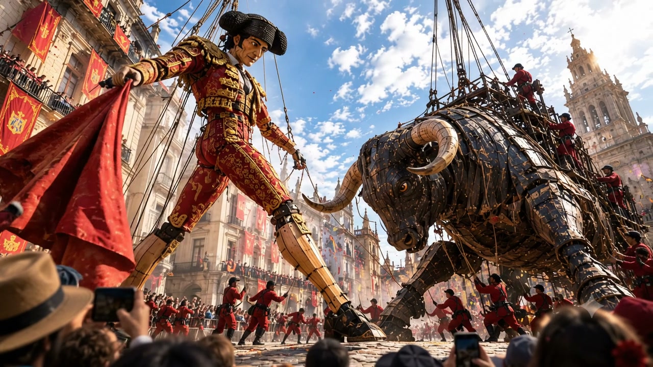 Giant mechanical matador and bull puppets face off at a sunny historic Spanish city festival