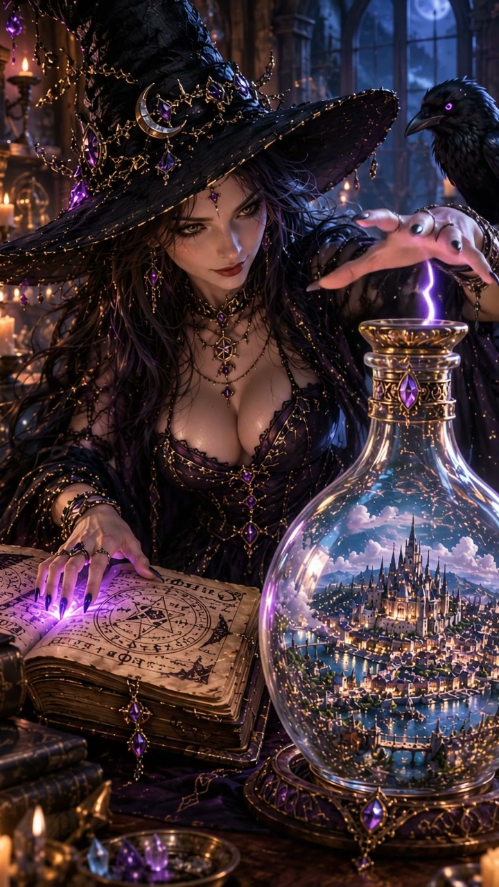 Ornate dark witch casts purple magic over a glass flask holding a miniature fantasy castle, raven...