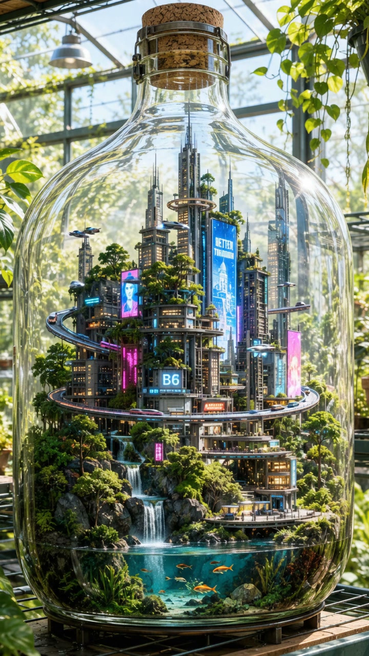 Futuristic cyberpunk city terrarium sealed inside a corked glass bottle displayed in a sunlit gre...