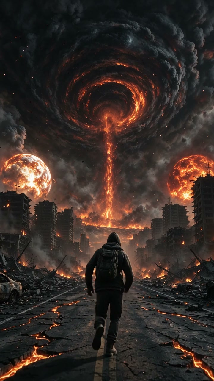 Hooded survivor walks down a lava-cracked road through a ruined burning apocalyptic city under a ...