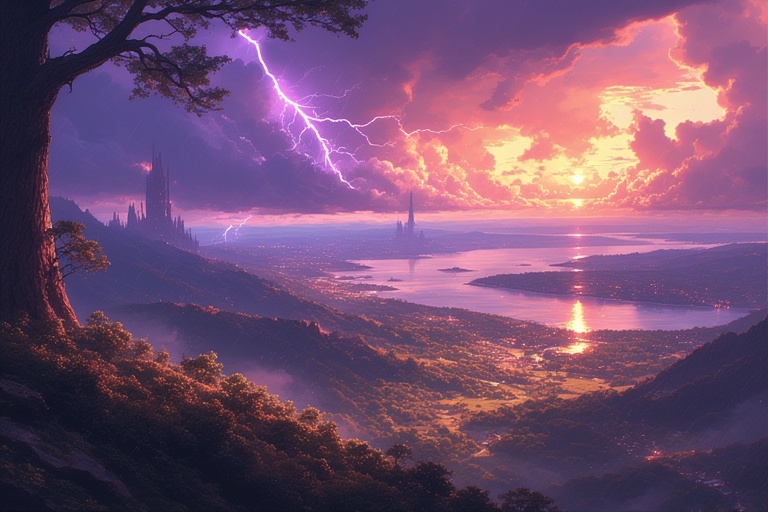 Epic fantasy landscape at sunset with purple lightning over a river valley and distant castles.