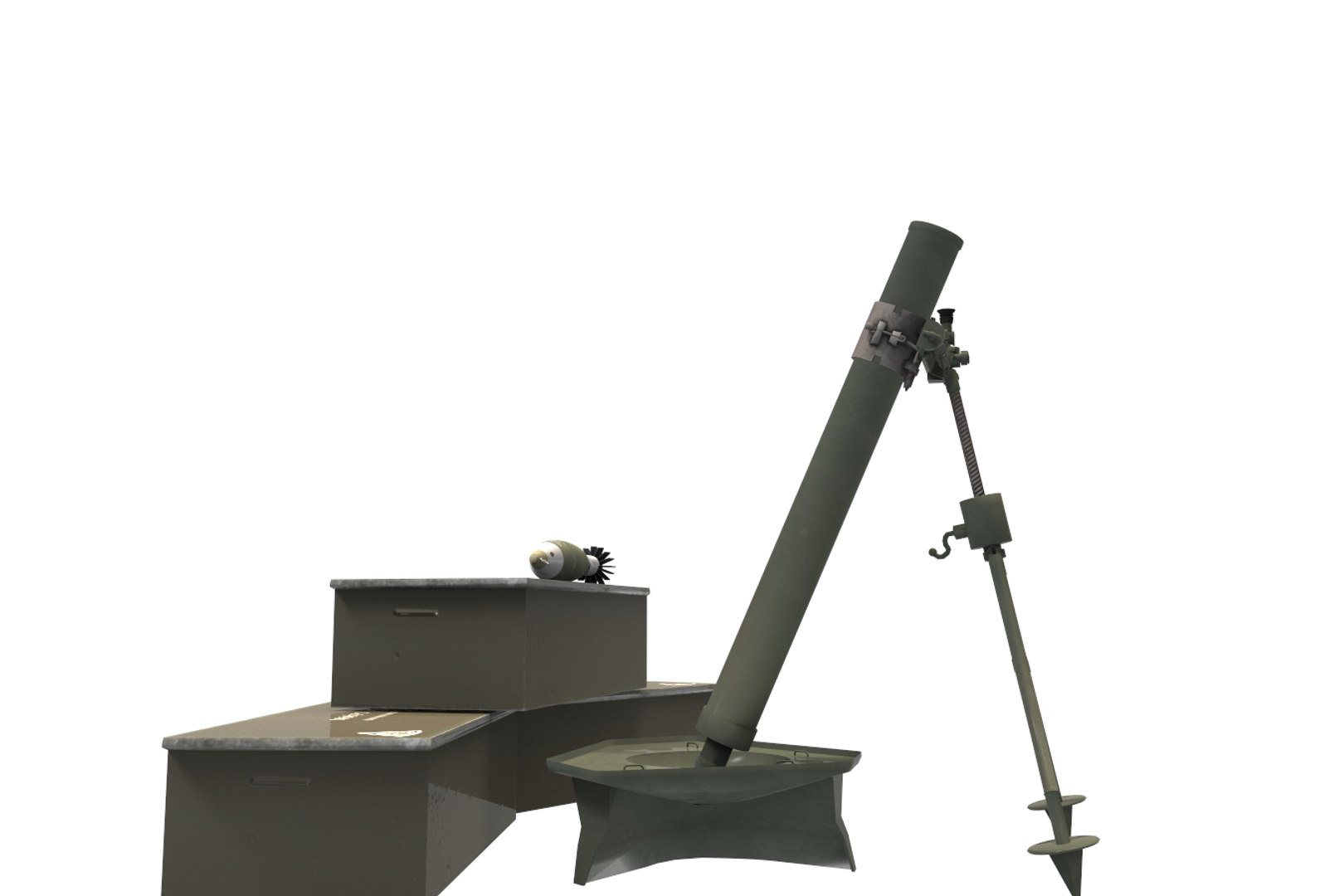 Olive drab mortar/rocket launcher with ammunition crates and supporting stand.
