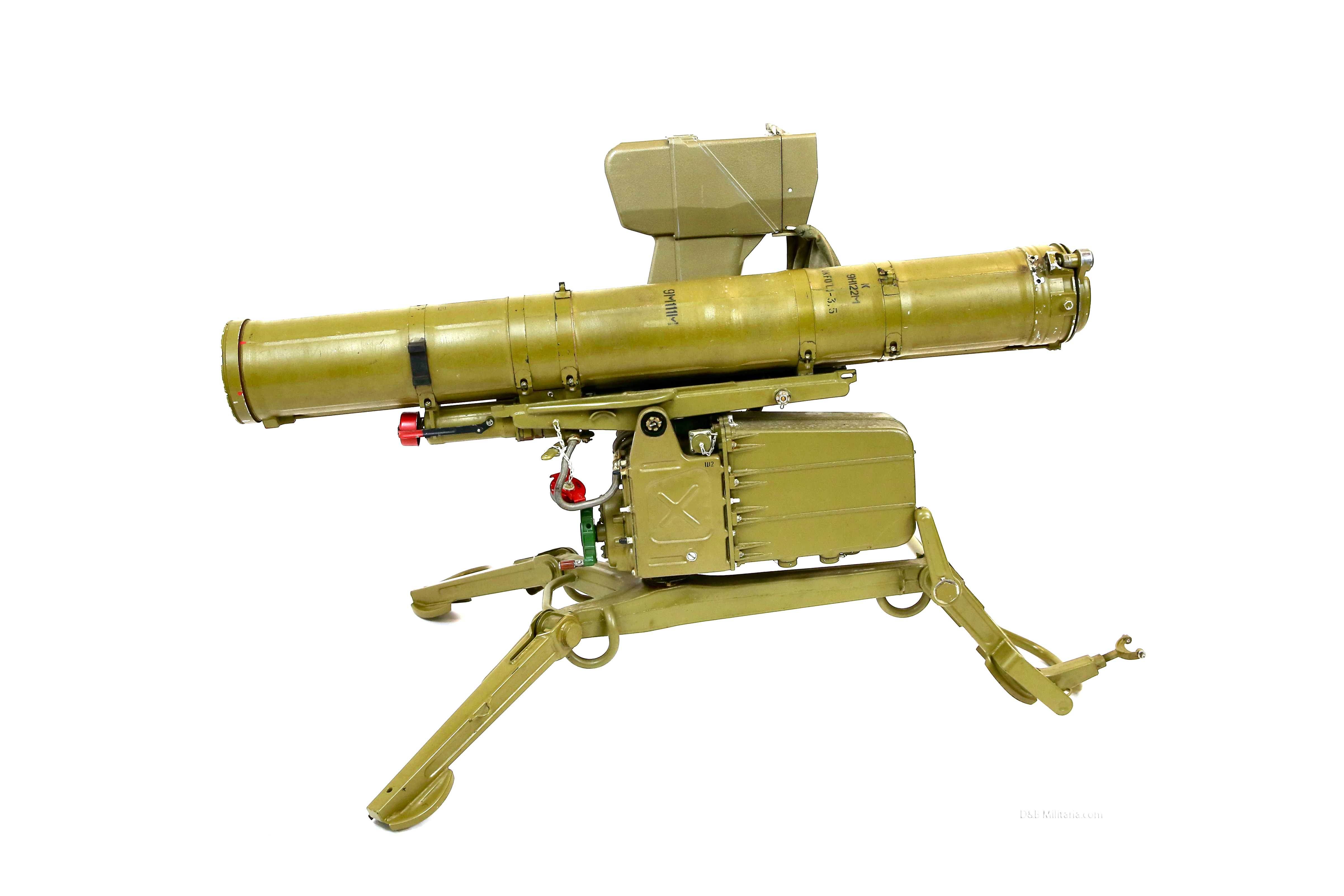 Olive-drab tripod-mounted rocket launcher with a long barrel on a stable mounting.
