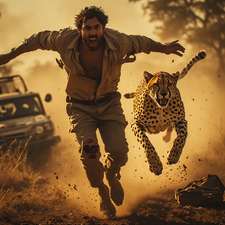 Man sprinting through dust with a cheetah running beside him in a safari-style chase.