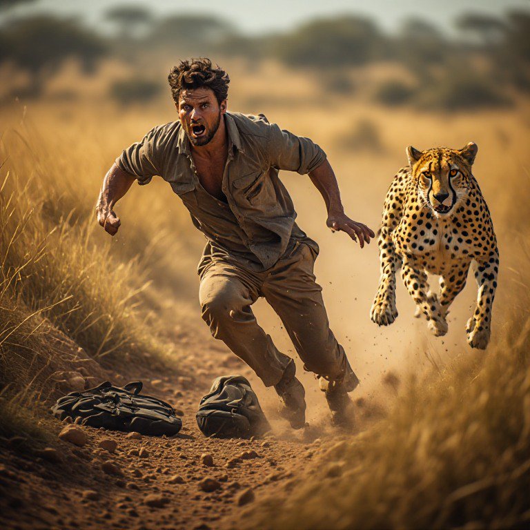 Man running on a dusty savanna beside a leaping cheetah during golden hour