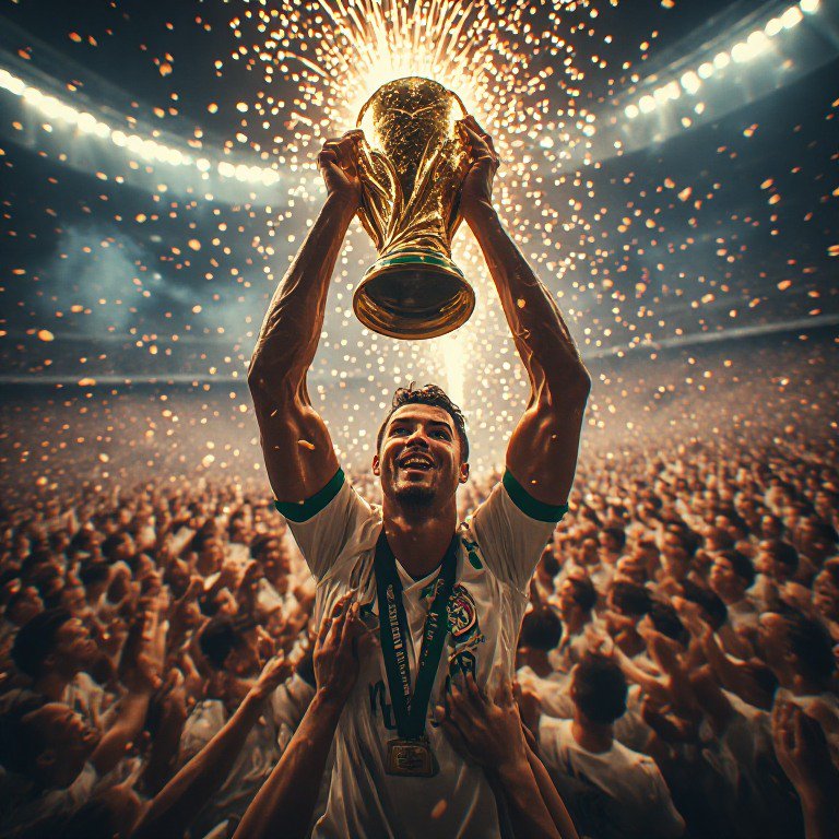 Star soccer player lifting the golden World Cup trophy above his head, celebrated by teammates as...