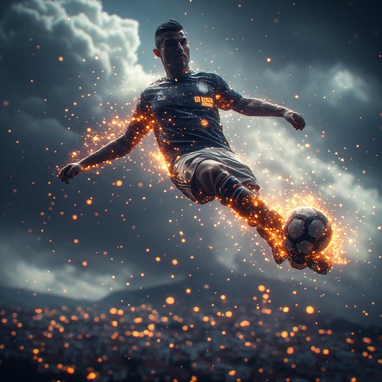AI-generated art of soccer star Cristiano Ronaldo airborne mid-kick, trailing golden embers, over...