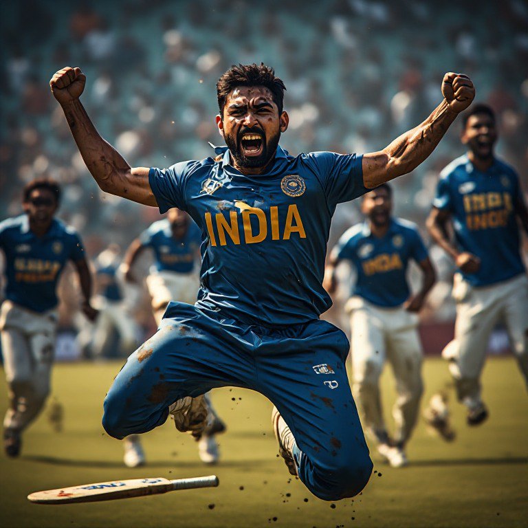An Indian men's cricket team star leaps mid-air in victory celebration, teammates cheering behind...