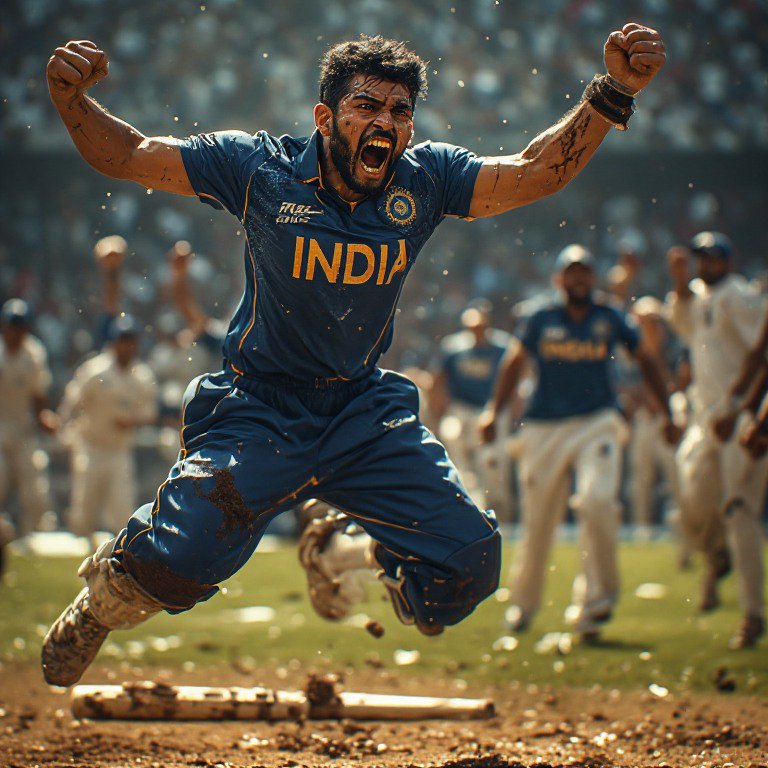 Indian national cricket team player mid-air celebrating a match victory on a pitch, with cheering...