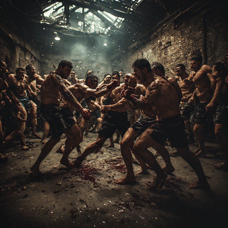 Gritty underground warehouse brawl: shirtless, bloodied fighters clash as a crowd of onlookers ci...