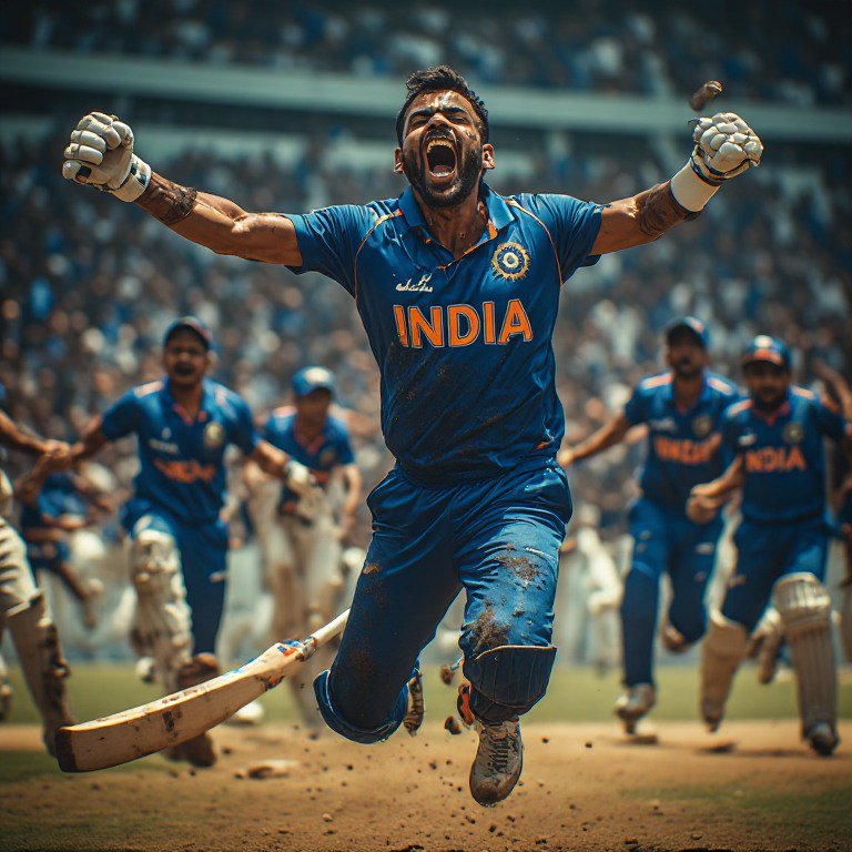 Indian cricket player leaps in jubilant victory on a stadium pitch, teammates running to join the...
