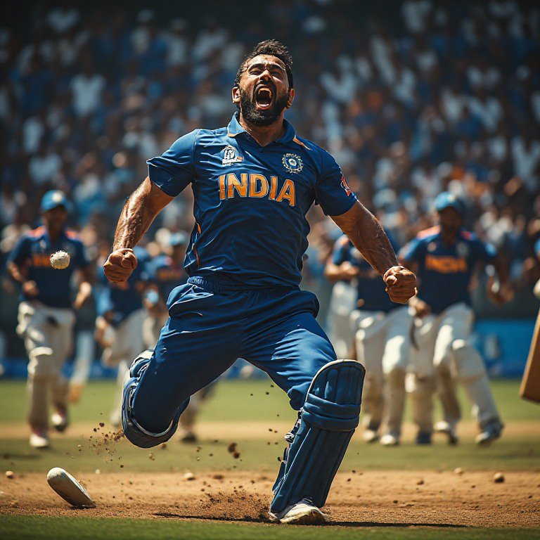 Exuberant Team India cricket player leaps shouting in celebration on the pitch during a stadium m...