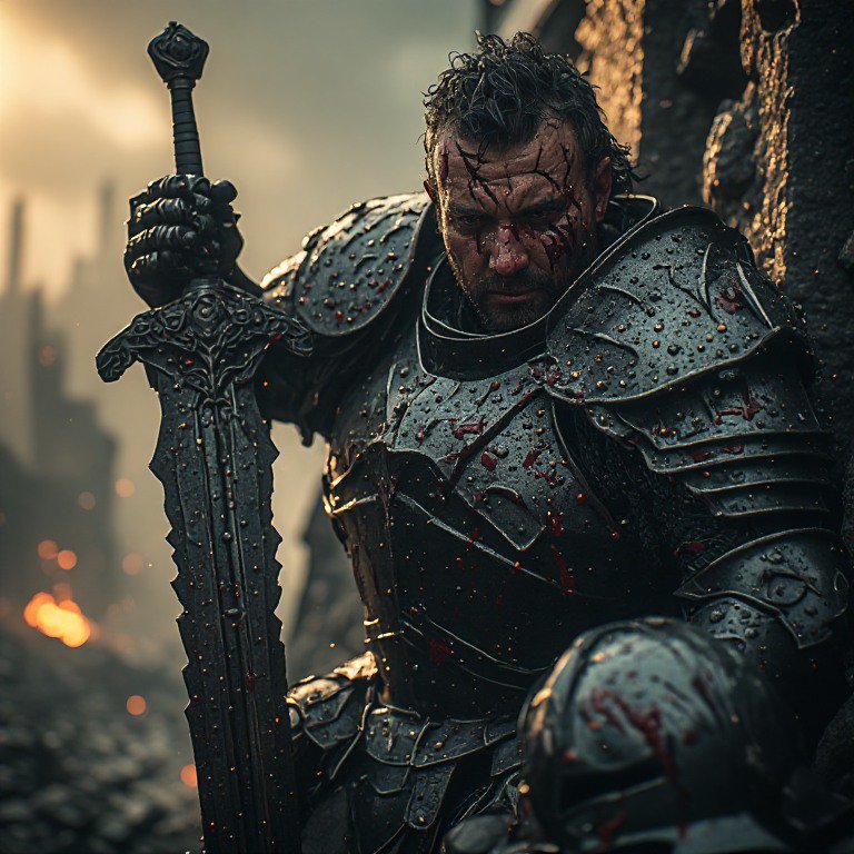 Battle-wounded medieval knight in bloodied dark plate armor leans on an ornate greatsword on a sm...