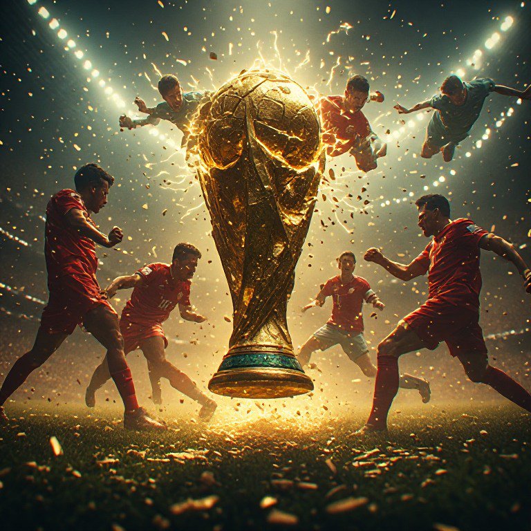 Glowing electrified golden FIFA World Cup trophy surrounded by celebrating soccer players under s...