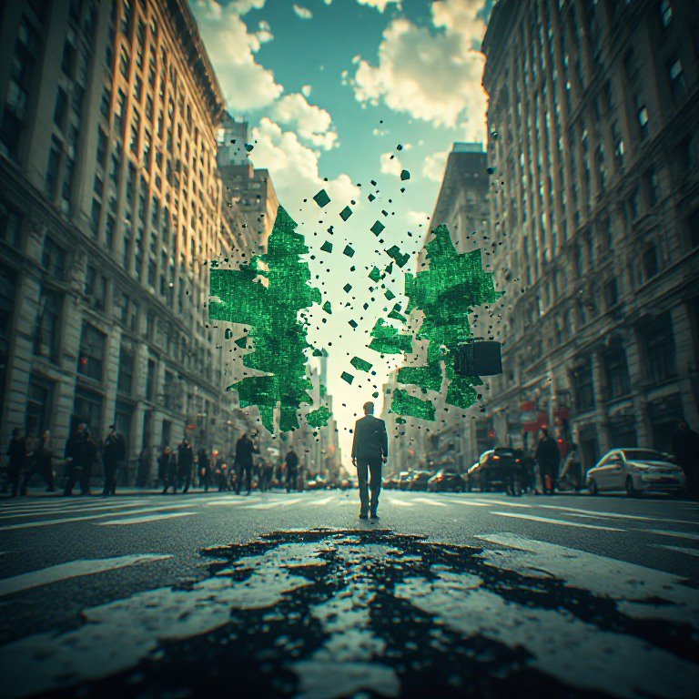 Silhouetted man on busy city street beneath a shattering green digital glitch portal between tall...