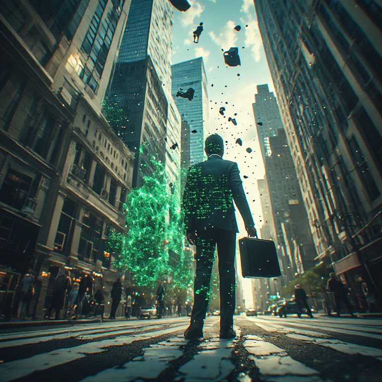 Surreal glitch art of a dissolving pixelated businessman with a briefcase standing in a downtown ...