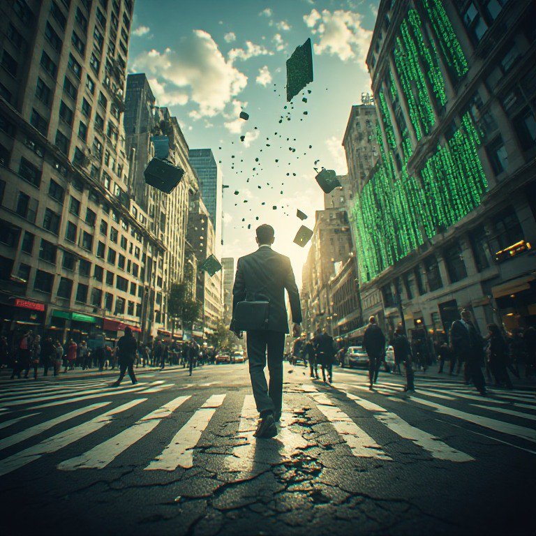 Surreal low-angle shot of a suited businessman walking across a city crosswalk, with floating dig...