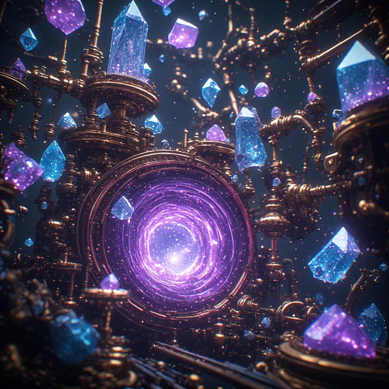 Intricate steampunk cosmic portal with swirling purple vortex, surrounded by glowing floating blu...