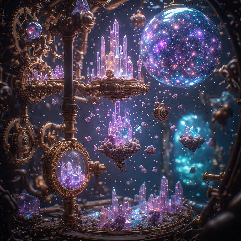 Intricate brass steampunk contraption with glowing purple crystal clusters and a floating star-fi...