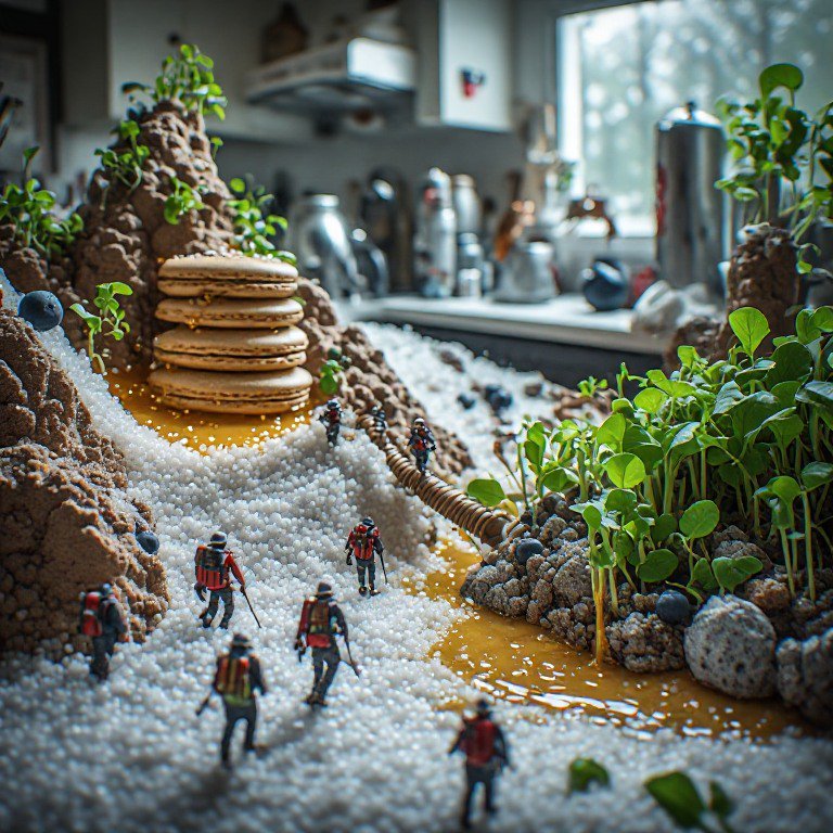 Tiny hiker miniatures traverse a surreal edible landscape made of macarons, sprinkles, and microg...