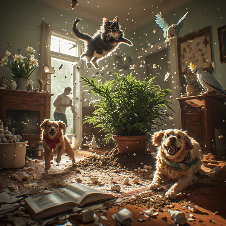 Chaotic sunlit messy living room with leaping tuxedo cat, excited dogs, flying parrots, and a sur...