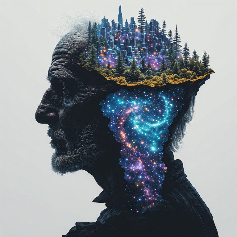 Surreal side profile of an elderly man, cutaway head reveals glowing cosmic galaxy, pine forest, ...