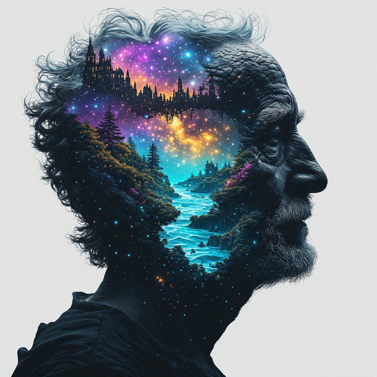 Double exposure side profile of an older man, with the interior of his head filled with a fantasy...