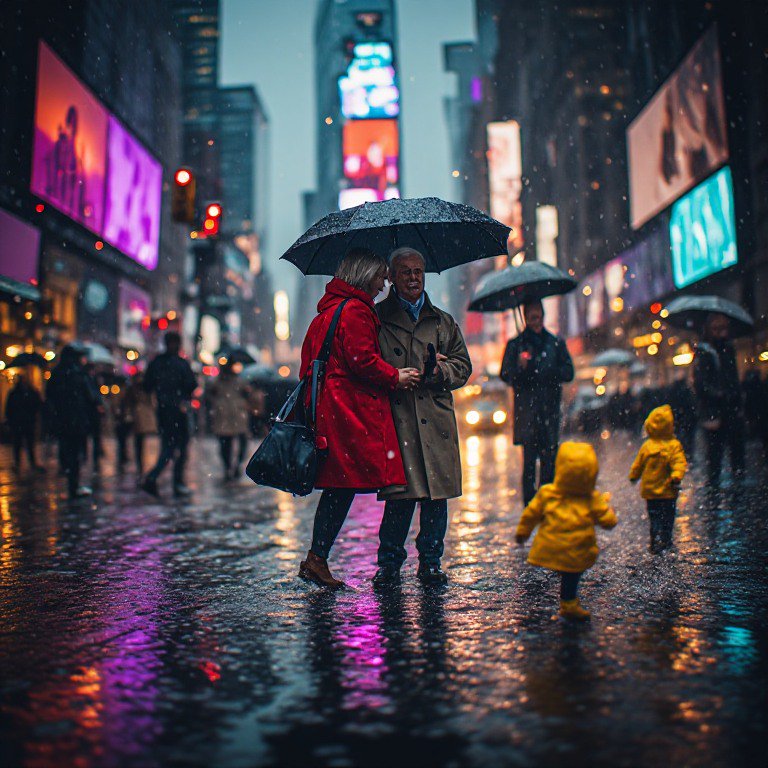 Couple under a shared umbrella stand on rainy Times Square street, as toddlers in yellow raincoat...