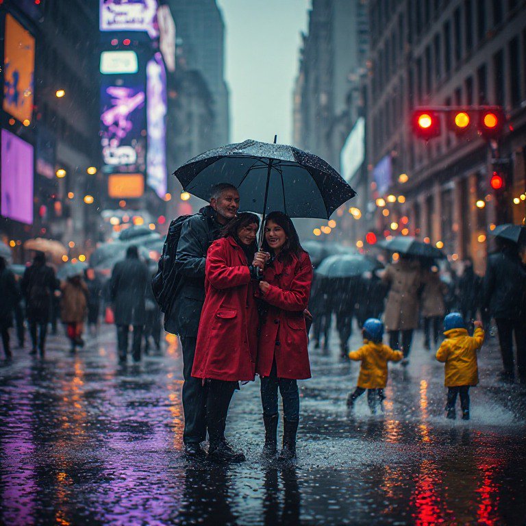 Three people huddle under a black umbrella on a rain-soaked busy city street, toddlers splash in ...