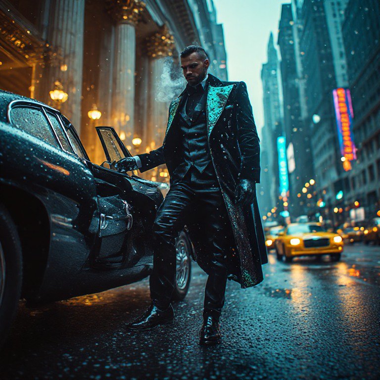 [Sharply dressed man in an ornate velvet coat exits a vintage luxury car on a rain-slicked snowy downtown city street]