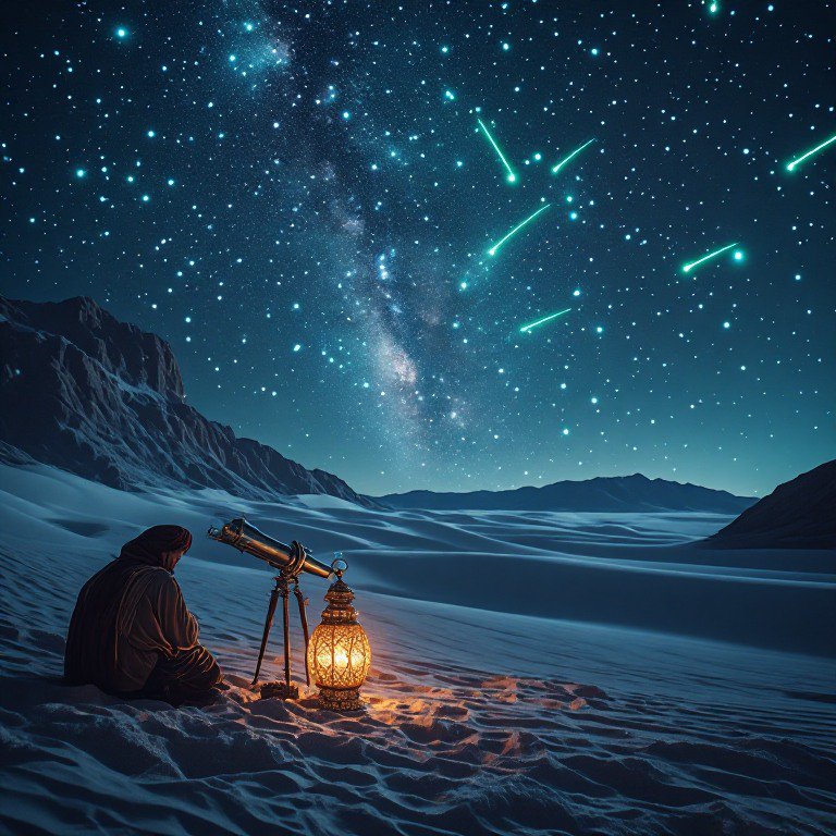 Robed stargazer sits with vintage telescope and glowing lantern on desert dunes under a meteor sh...