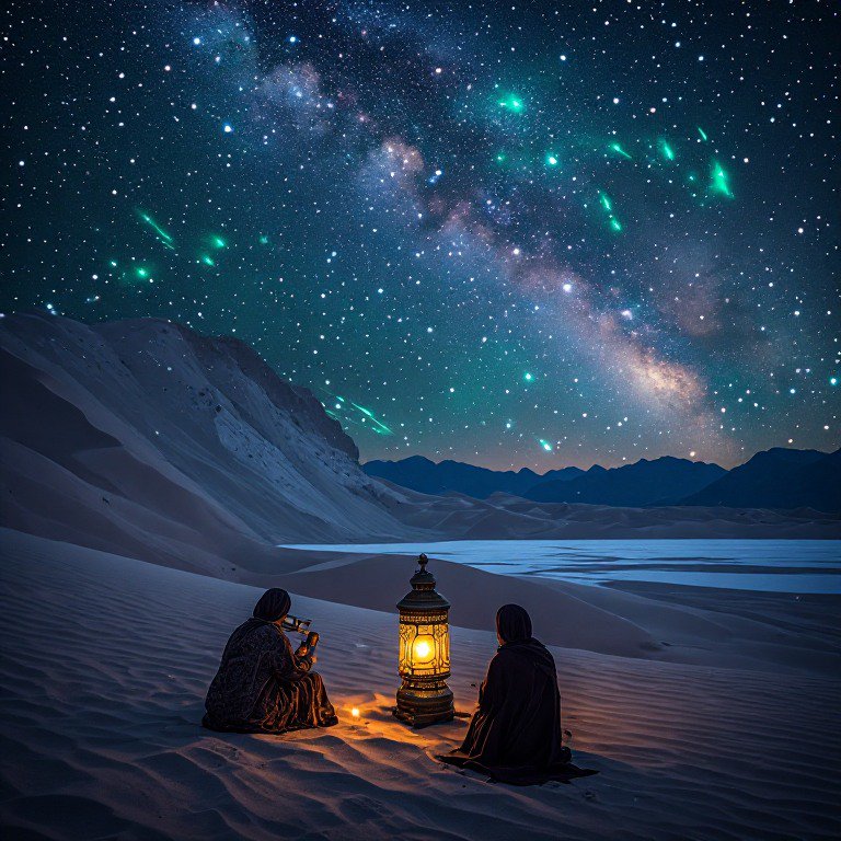 Two robed stargazers sit beside a glowing lantern in sand dunes under a starry sky with streaking...