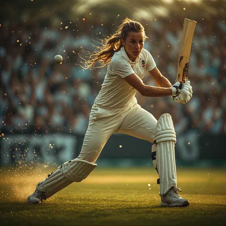 Female cricketer in batting stance prepares to hit an incoming ball during a golden hour match.