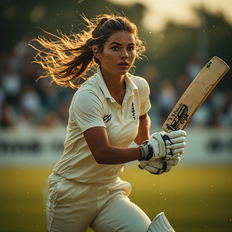 Focused female cricket batter mid-play holding a wooden bat during a golden hour match