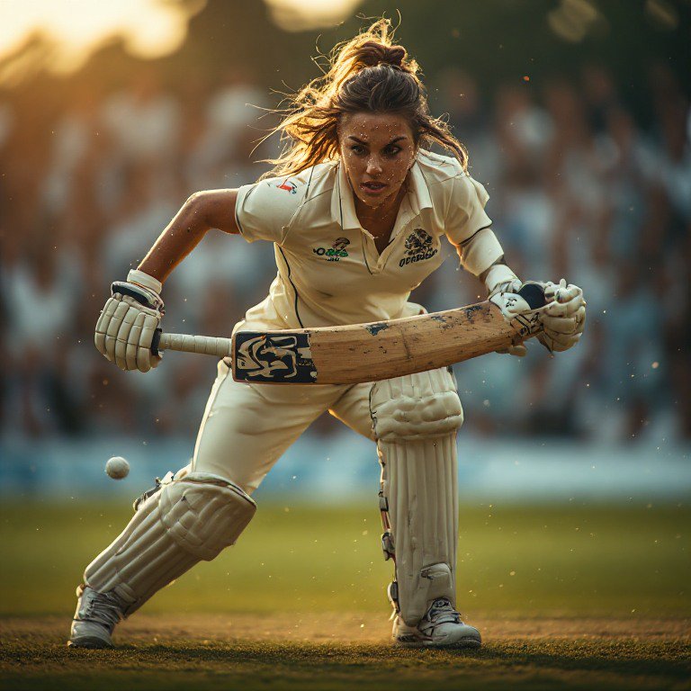 Female cricket batter holds her bat as an incoming ball approaches during a golden hour match.