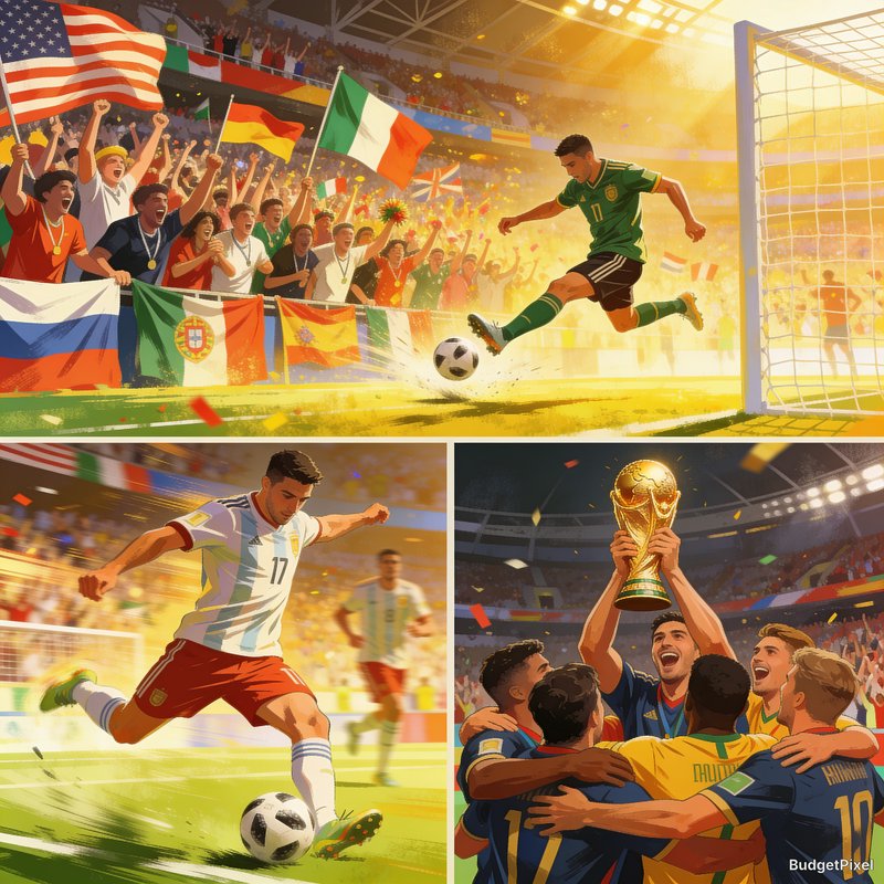 Tri-panel digital illustration of men's World Cup soccer moments: scoring a goal, dribbling, and ...