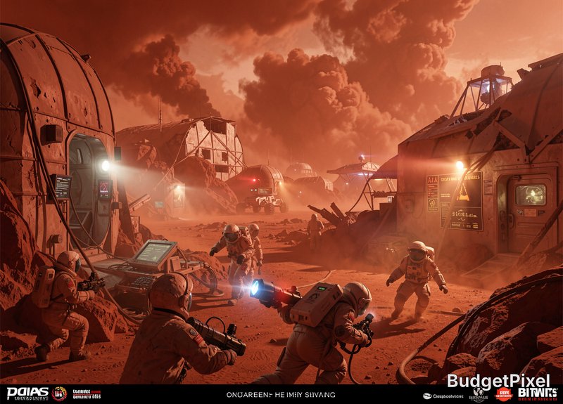 Astronauts take defensive positions at a weathered Mars colony outpost during a massive red dust ...