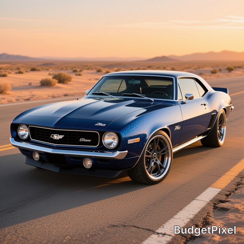 Glossy metallic blue classic Chevrolet Camaro muscle car parked on desert highway at golden sunset